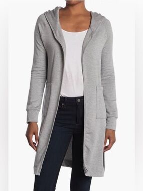 Go Couture Light Gray Knit Hooded Long Sleeve Open Duster Cardigan Sz XL Comfort